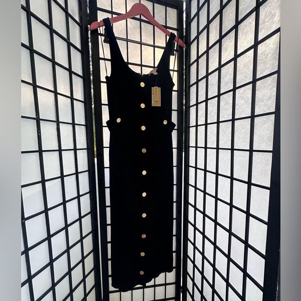 New MK Black Sleek Dress With Gold Tone MK Buttons, Plenty of  Stretch.